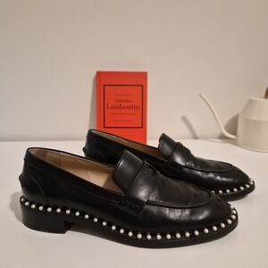 Stewart Weitzman Black Loafers with Pearl Detailing